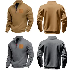 Detailed front and back views of men's quarter-zip fleece sweatshirt with pocket