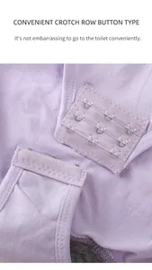 Close-up of three-row hook-and-eye crotch closure on purple shapewear bodysuit.