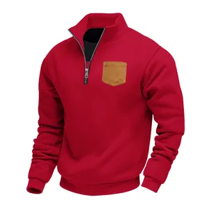 Comfortable men's red half-zip fleece sweatshirt featuring stand collar and chest pocket