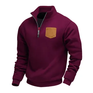 Men's half-zip fleece sweatshirt with stand collar and contrast chest pocket in burgundy