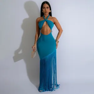 Sexiges elegantes türkisfarbenes Fransen-Bandagekleid mit Cut-out für Abendpartys