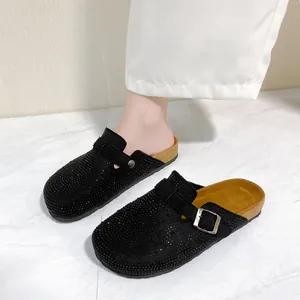 Chic black rhinestone-encrusted platform clogs with adjustable buckle strap for women