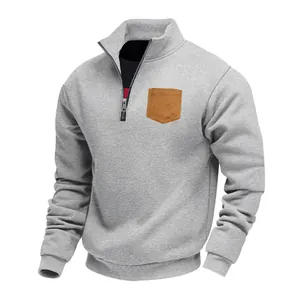 Men's casual grey half-zip stand collar fleece sweatshirt with brown corduroy pocket