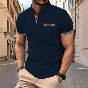 Polo Décontracté pour Hommes Manches Courtes Col Officier Patchwork à Carreaux Top Polyester Respirant Mode Été