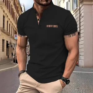 Polo à manches courtes noir pour homme avec col mandarin et détails à carreaux