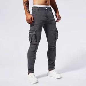 Pantaloni Cargo Uomo Denim American Workwear Slim Fit Multitasche Jeans Lavati a Gamba Dritta Stile Urbano Casual