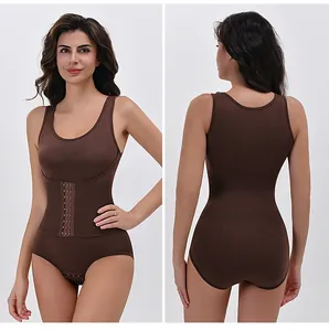 Professional front and back view of a brown tummy control bodysuit shapewear for women
