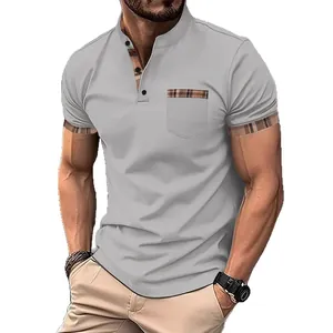 Polo gris à manches courtes pour homme avec bordure à carreaux et col officier slim
