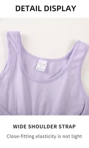 Detailed view of purple shapewear showing wide shoulder straps and elastic neckline fabric