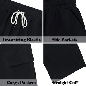 Detailansicht der schwarzen Cargohose mit Kordelzug, Seitentaschen und Cargotaschen-Details.