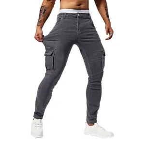 Jeans cargo slim da uomo con design multitasche in denim grigio antracite scuro