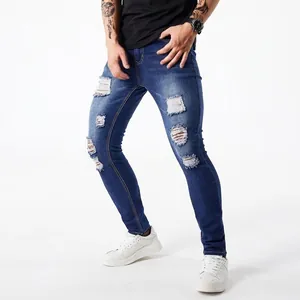 Stylische, blaue, zerrissene Skinny-Jeans für Herren mit Flicken und Stretch-Denim-Stoff