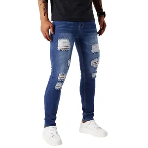 Herren Skinny Jeans in Blau mit Rissen, Patches und Stretch-Denim