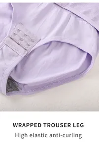 Close-up detail of purple shapewear panties featuring elastic wrapped trouser leg design