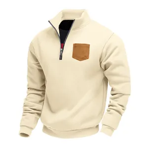 Men's half-zip cream sweatshirt with contrast corduroy pocket detail