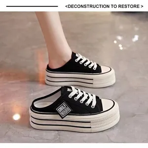Detailed side view of women's stylish black canvas platform mule sneakers with thick soles.