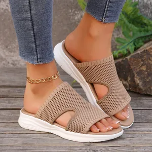 Sandales Compensées Décontractées pour Femmes Plateforme Flyknit Ajourées Bout Ouvert Mules Confortables Peep Toe Pantoufles de Plage Été
