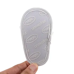 Macro detail of breathable grey fabric insole with magic prewalker print for baby sandals