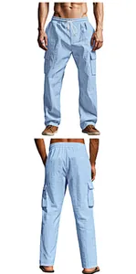 Vista detallada frontal y trasera de pantalones cargo azul claro de ajuste relajado