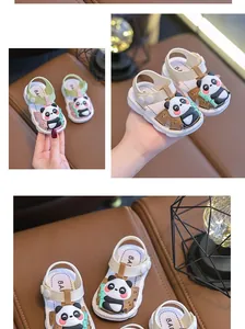 Detail showing cute panda cartoon toddler sandals with soft anti-slip soles in Maillard tones.