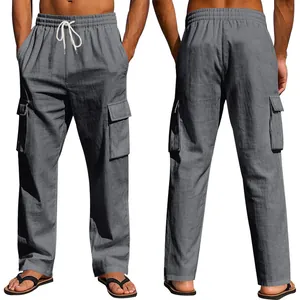 Pantalones cargo grises holgados y transpirables para hombre con múltiples bolsillos