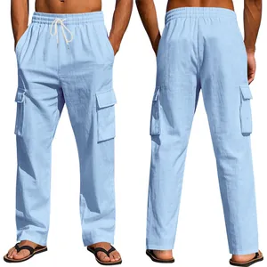 Pantalones cargo transpirables para hombre en azul claro con diseño holgado y multibolsillos