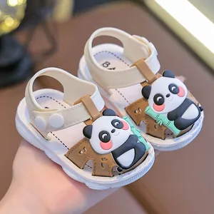 Toddler brown and white panda sandals with non-slip soft soles for summer