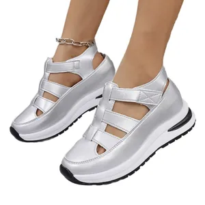 Women's silver platform sandals featuring breathable hollow design and velcro straps
