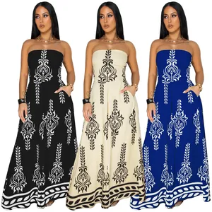 Women's Bohemian Floral Positioned Print Tube Top Jumpsuit Wide Leg Linen Maxi Dress Romper Strapless Backless Beach Outfits