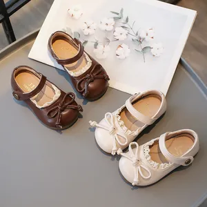 Chaussures de princesse Mary Jane pour filles avec nœud et dentelle, marron et crème