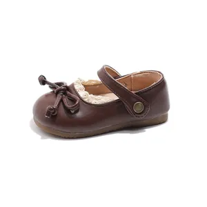 Chaussures Mary Jane marron foncé pour enfants avec nœud et dentelle