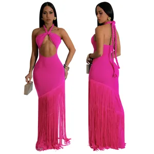 Sexy fuchsiafarbenes Halter-Maxikleid mit Taillenausschnitt und langem Fransen-Saum