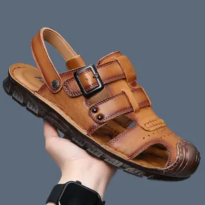 Sandales d'Été en Cuir de Vachette de Première Couche pour Hommes Bout Fermé Chaussures de Plage Décontractées Semelle en Caoutchouc