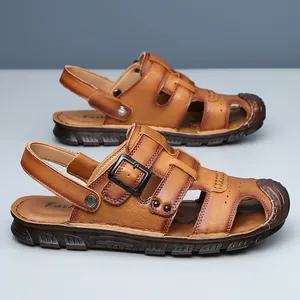 Sandales fermées pour hommes en cuir véritable de qualité avec semelle antidérapante et boucle