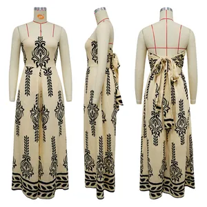 Detailed three-angle view of bohemian strapless wide-leg jumpsuit featuring back bow tie