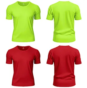 Vues avant et arrière de t-shirts de sport unisexes à séchage rapide en vert néon et rouge