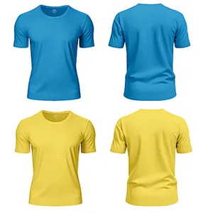 Vues avant et arrière détaillées de t-shirts de sport bleu et jaune à séchage rapide