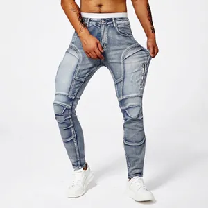 Herren Biker Jeans Slim Fit Stretch Skinny Denim Hose Gewaschen Gefaltet Streetwear Mit Reißverschluss Details Casual Baumwolle Hose