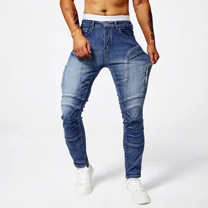 Herren Slim-Fit Biker-Jeans aus blauem Denim mit Distressed-Einsätzen und schmalem Bein.