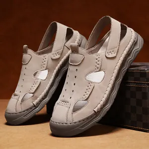 Detailed side view showing textures of beige closed-toe breathable casual sandals for men