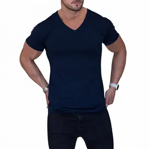 Close-up detail showing the fit and navy blue fabric of this men's V-neck short-sleeve T-shirt.
