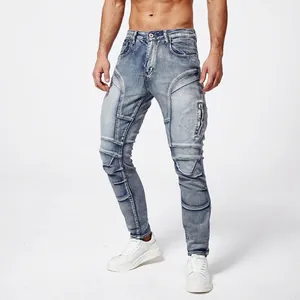 Jeans da motociclista azzurri slim fit per uomo in denim elasticizzato di alta qualità