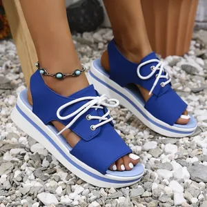 Women Platform Wedge Sandals Peep Toe Lace Up Roman Style Outdoor Beach Sandals Breathable Height Increasing Casual Shoes