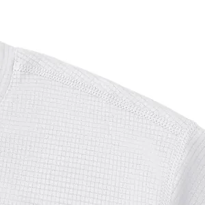 Detail shot of high-quality white mesh ice silk T-shirt fabric and shoulder seam.