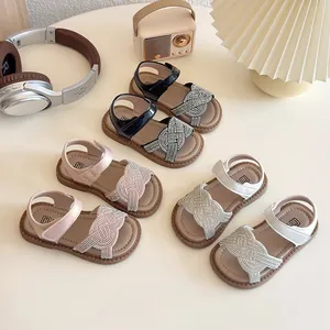 Sandales Tissées avec Strass pour Filles Chaussures de Princesse Française Bout Ouvert Semelle Souple Décontracté