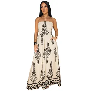 Detailed view of women's tube top jumpsuit with bohemian print and wide-leg design
