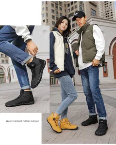 Lifestyle detail showing warm winter barefoot snow boots for men and women outdoors