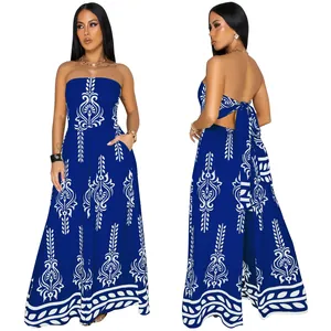 Back and front view of blue strapless jumpsuit with white decorative print details