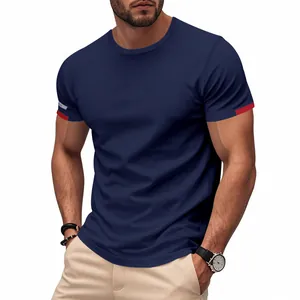 Detailed view of navy blue quick-dry men's sports t-shirt with red sleeve accents
