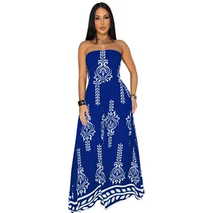 Elegant royal blue strapless jumpsuit featuring ethnic white print patterns and wide leg cut